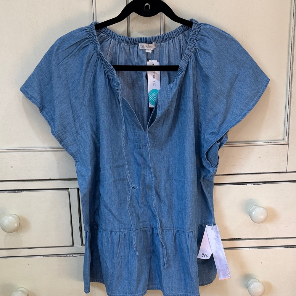 Casual Chambray Peasant Tunic - Blue